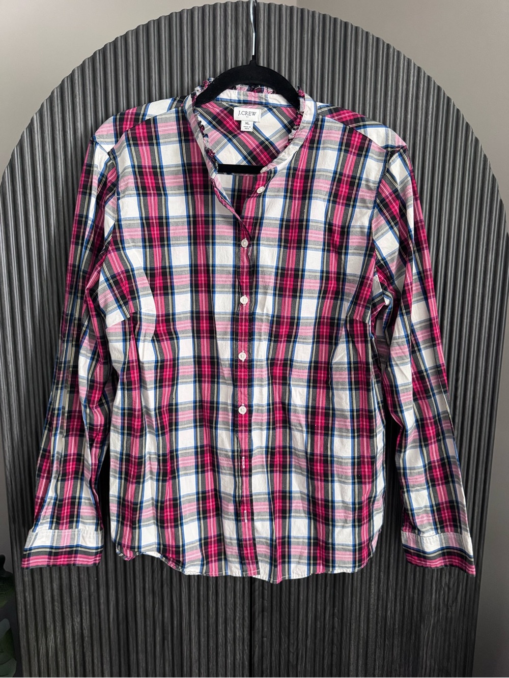 J. Crew Factory Ruffle Mock-Neck Plaid Button Up